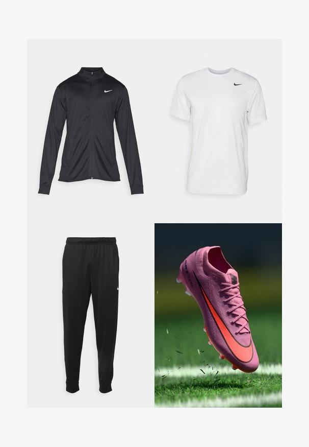 Jachetă sportivă neagră cu mâneci lungi, guler și fermoar complet. Prezintă un logo Nike subtil, alb, pe pieptul din stânga sus. Textură netedă.; Tricou alb cu mâneci scurte, realizat dintr-un material neted. Are guler rotund și un mic logo Nike negru pe partea stângă a pieptului.; Pantaloni sportivi negri dintr-o țesătură netedă, cu un elastic la brâu, picioare conice și un mic logo alb pe partea stângă.; Cizme de fotbal roz cu swoosh-ul Nike roșu și negru deasupra unei suprafețe de iarbă verde cu linii albe, firele de iarbă zburând în jurul încălțămintei.