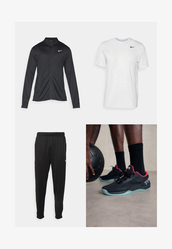 Crna sportska jakna s dugim rukavima, ovratnikom i punim patentnim zatvaračem. Ima suptilan Nike logo u bijeloj boji na gornjem lijevom dijelu prsne oznake. Glatka tekstura.; Bijela kratkotrajna majica s kratkim rukavima izrađena od glatkog materijala. Ima okrugli izrez i mali crni Nike logo na lijevoj strani prsnog koša.; Crne atletske hlače od glatkog materijala, s elastičnom pasicom, sužavajućim nogavicama i malim bijelim logom na lijevoj strani.; Crne atletske tenisice s crvenim detaljima, mrežastim gornjim dijelom, vezanjem i svijetloplavim prozirnim đonom, uz crnu loptu.