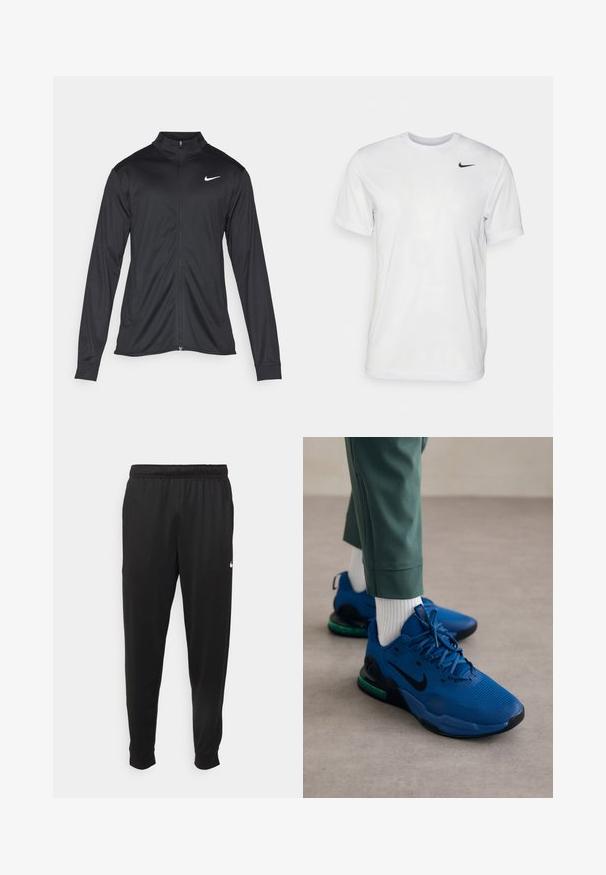 Must värvi sportlik jakk pikkade varrukatega, krae ja täispikk tõmblukk. Ülemises vasakus rinnas on diskreetne valge Nike logo. Sile tekstuur.; Valge lühikeste varrukatega t-särk, mis on valmistatud siledast kangast. Omab ümmargust kaelust ja väikest musta Nike logo vasakul rinnal.; Mustad mustekad athletic-püksid sujuvast kangast, elastse vöökoha, kitsenevate jalgade ja väikese valge logoga vasakul küljel.; Nike Performance AIR MAX ALPHA TRAINER 5 - Treeningjalatsid - court blue/black/green strike