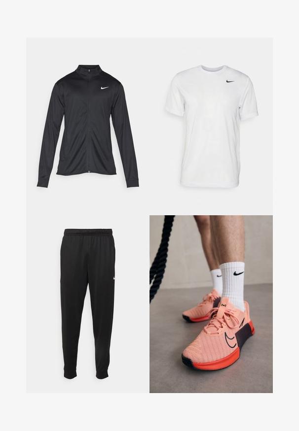 Giacca sportiva nera con maniche lunghe, colletto e zip completa. Presenta un logo Nike in bianco sulla parte superiore del lato sinistro del petto. Tessuto morbido.; T-shirt bianco a maniche corte in tessuto morbido. Presenta un collo rotondo e un piccolo logo Nike nero sul lato sinistro del petto.; Pantaloni sportivi neri realizzati in tessuto liscio, con una vita elastica, gambe affusolate e un piccolo logo bianco sul lato sinistro.; Scarpe da ginnastica rosa chiaro con accenti neri, parte superiore in rete e suola rossa. Abbinato a calzini Nike bianchi a coste.