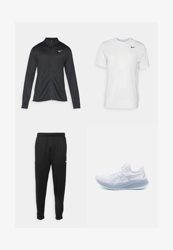 Giacca sportiva nera con maniche lunghe, colletto e zip completa. Presenta un logo Nike in bianco sulla parte superiore del lato sinistro del petto. Tessuto morbido.; T-shirt bianco a maniche corte in tessuto morbido. Presenta un collo rotondo e un piccolo logo Nike nero sul lato sinistro del petto.; Pantaloni sportivi neri realizzati in tessuto liscio, con una vita elastica, gambe affusolate e un piccolo logo bianco sul lato sinistro.; ASICS GEL-CUMULUS 26 - Scarpe da corsa su strada - white/cool grey