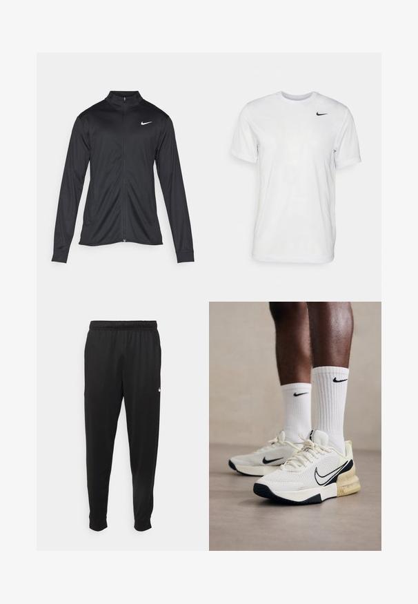 Must värvi sportlik jakk pikkade varrukatega, krae ja täispikk tõmblukk. Ülemises vasakus rinnas on diskreetne valge Nike logo. Sile tekstuur.; Valge lühikeste varrukatega t-särk, mis on valmistatud siledast kangast. Omab ümmargust kaelust ja väikest musta Nike logo vasakul rinnal.; Mustad mustekad athletic-püksid sujuvast kangast, elastse vöökoha, kitsenevate jalgade ja väikese valge logoga vasakul küljel.; Valged võrkkudumised mustade aktsentidega ja kollase vaheosa abil. Ribbiga valged Nike sokid. Tekstureeritud välistald parema haarde tagamiseks.