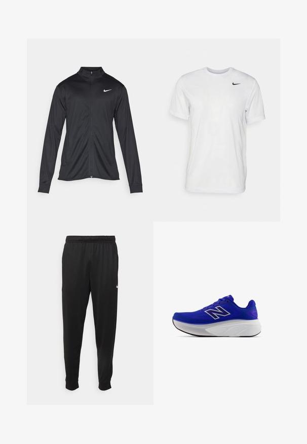 Jachetă sportivă neagră cu mâneci lungi, guler și fermoar complet. Prezintă un logo Nike subtil, alb, pe pieptul din stânga sus. Textură netedă.; Tricou alb cu mâneci scurte, realizat dintr-un material neted. Are guler rotund și un mic logo Nike negru pe partea stângă a pieptului.; Pantaloni sportivi negri dintr-o țesătură netedă, cu un elastic la brâu, picioare conice și un mic logo alb pe partea stângă.; Pantofi sport violeți cu partea superioară din plasă respirabilă, talpă intermediară albă curbată și talpă exterioară neagră. Accente cu logo argintiu pe lateral.