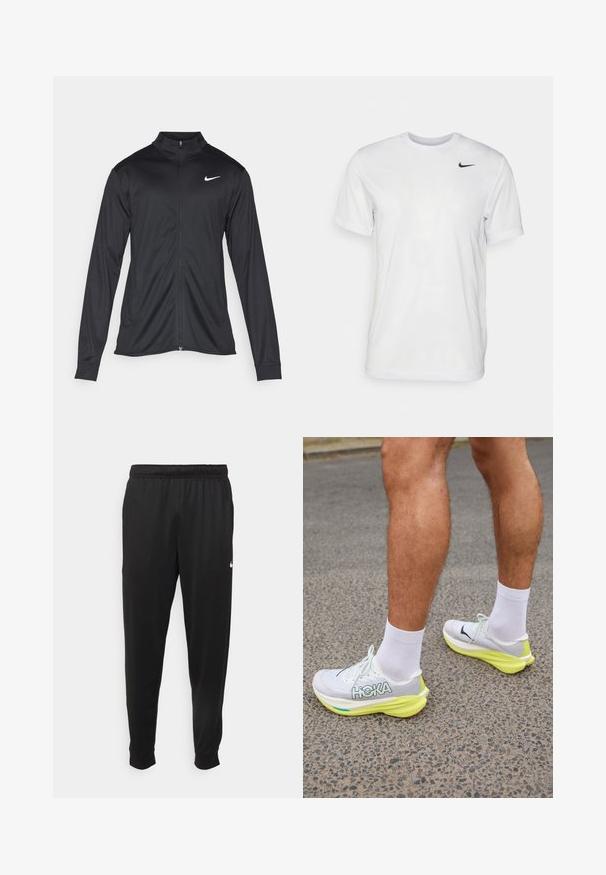 Črna atletska jakna z dolgimi rokavi, ovratnikom in polnim zadrgo. Vključuje diskreten bel Nike logotip na zgornjem levem delu prsnega koša. Gladka tekstura.; Bela kratka majica s kratkimi rokavi, izdelana iz gladkega materiala. Ima okroglo ovratnico in majhen črn Nike logotip na levi prsni strani.; Črne športne hlače iz gladkega materiala, z elastičnim pasom, zoženimi hlačnicami in majhnim belim logotipom na levi strani.; HOKA MACH X 2 - Tekaški copati za cesto - frost/citrus