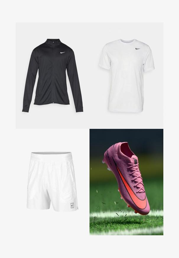 Melna sporta jaka ar garām piedurknēm, apkakli un pilnu rāvējslēdzēju. Uz kreisā krūts augšdaļas ir maigs Nike logo baltā krāsā. Gluda tekstūra.; Balts īsām piedurknēm T-krekls, kas izgatavots no gludas auduma. Tam ir apaļa kakla izgriezums un neliels melns Nike logo kreisajā krūtī.; Baltie sporta šorti, kas izgatavoti no viegla auduma, ar elastīgu jostasvītru, divām sānu kabatām un mazu melnu logo pie apakšmalas.; Rozā futbola zābaks ar sarkanu un melnu Nike svītru virs zaļas zāles laukuma ar baltu līniju, zāles stiebri lido apkārt ap zābaku.