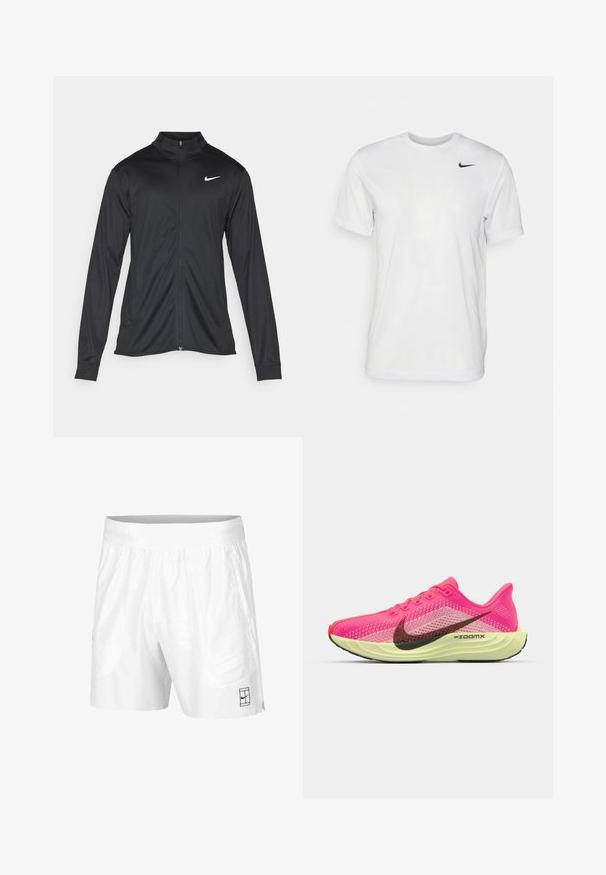 Schwarze Sportjacke mit langen Ärmeln, Kragen und voller Reißverschluss. Verfügt über ein dezentes Nike-Logo in Weiß auf der oberen linken Brust. Glatte Textur.; Weißes T-Shirt mit kurzen Ärmeln aus glattem Stoff. Verfügt über einen runden Halsauschnitt und ein kleines schwarzes Nike-Logo auf der linken Brust.; Weiße Sportshorts aus leichtem Gewebe mit einem elastischen Bund, ausgestattet mit zwei Seitentaschen und einem kleinen schwarzen Logo am Saum.; Helle pinke Sportschuhe mit einem strukturierten Mesh-Obermaterial, schwarzem Nike-Swoosh, gelbem Zwischensohlenbereich und einer roten Zehenkappe. Entworfen für das Laufen.