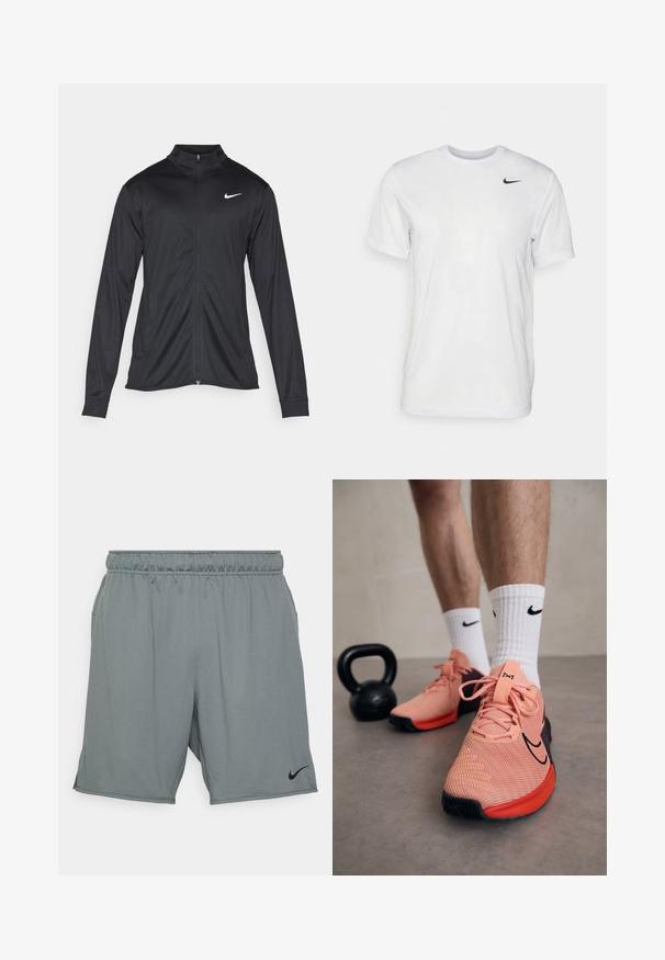 Černá sportovní bunda s dlouhými rukávy, límcem a plným zipem. Má decentní bílou logo značky Nike na horní levé části hrudi. Hladká textura.; Bílé tričko s krátkým rukávem vyrobené z hladkého materiálu. Má kulatý výstřih a malé černé logo Nike na levé straně hrudi.; Šedé sportovní šortky vyrobené z látky s hladkým povrchem. Mají elastický pas a boční kapsy, s černým logem Nike.; Nike sportovní boty v růžové síťovině s černými akcenty. Mají silné tkaničky, polstrovanou jazyk a texturovanou podrážku. Bílé ponožky s logem. Nedaleko černá kettlebel.