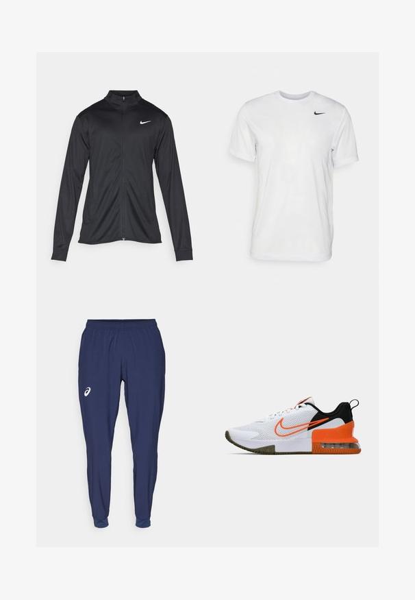 Fekete sportdzseki hosszú ujjal, gallérral és teljes cipzárral. Diszkrét fehér Nike logóval az upper bal mellen. Sima textúra.; Fehér, rövid ujjú póló, sima anyagból készült. Kerek nyakkivágással és egy kis fekete Nike logóval rendelkezik a bal mellen.; Sötétkék sportnadrág könnyű anyagból, rugalmas derékkal, szűkülő lábszárral és fehér logóval a combon.; Fehér sportcipő, texturált hálós felsőrésszel, fekete és narancssárga részletekkel, vastag gumitalppal és átlátszó levegőpárnával a sarkán.