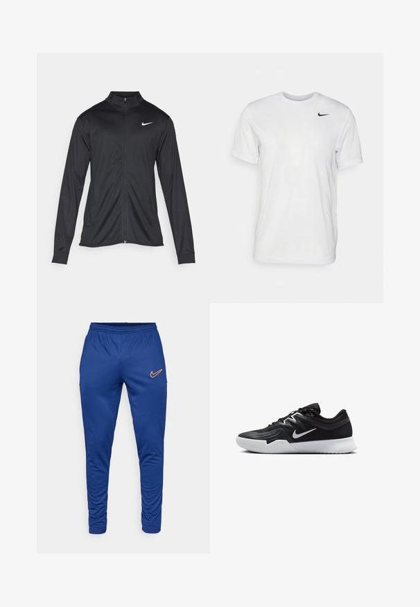 Czarna sportowa kurtka z długimi rękawami, kołnierzem i pełnym zamkiem. Posiada subtelne logo Nike w białym kolorze na lewej górnej części klatki piersiowej. Gładka tekstura.; Biała koszulka z krótkim rękawem wykonana z gładkiego materiału. Posiada okrągły dekolt oraz małe czarne logo Nike po lewej stronie klatki piersiowej.; Niebieskie spodenki sportowe z gładkiego materiału, z elastycznym pasem i małym pomarańczowym logo Nike na lewej udzie.; Czarne buty sportowe z teksturowaną cholewką, białym logo Nike i białą gumową podeszwą. Charakteryzują się sznurowanym zapięciem i dynamicznym kształtem.