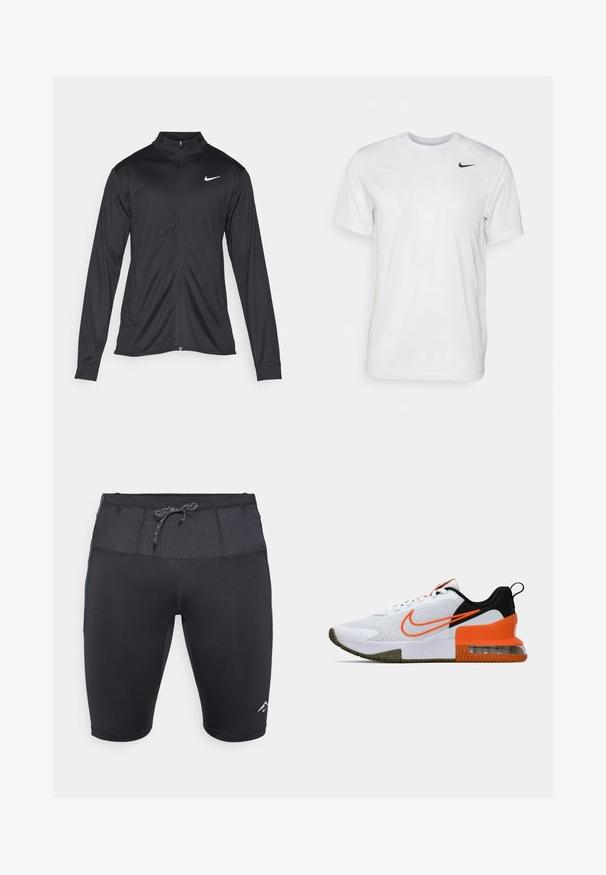 Must värvi sportlik jakk pikkade varrukatega, krae ja täispikk tõmblukk. Ülemises vasakus rinnas on diskreetne valge Nike logo. Sile tekstuur.; Valge lühikeste varrukatega t-särk, mis on valmistatud siledast kangast. Omab ümmargust kaelust ja väikest musta Nike logo vasakul rinnal.; Mustad mustrekid, millel on istuv disain, tekstureeritud vöökoht, reguleeritav pael ja diskreetne logo alumisel jalal.; Valge sportlik king, millel on tekstuuriga võrkkangas, mustad ja oranžid detailid, paks kummitald ja selge õhukambriga osa kanna juures.