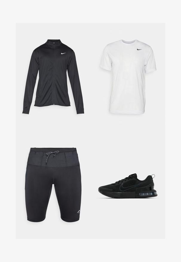 Juodas sportinis švarkas su ilgomis rankovėmis, apykakle ir pilnu užtrauktuku. Yra subtilus baltas Nike logotipas kairėje krūtinės pusėje. Lygus tekstūra.; Balta trumpa rankovėmis marškinėliai, pagaminti iš lygaus audinio. Turi apvalų kaklą ir mažą juodą Nike logotipą kairėje krūtinės pusėje.; Juodi sportiniai šortai su prigludusia forma, turintys tekstūruotą liemenį, reguliuojamą raištelį ir subtilų logotipą ant apatinės kojos.; Juodas Nike sportinis batas su tinklo viršumi, guminėmis padais, paminkštintu apykakle ir išskirtiniu skaidriu kulno akcentu.