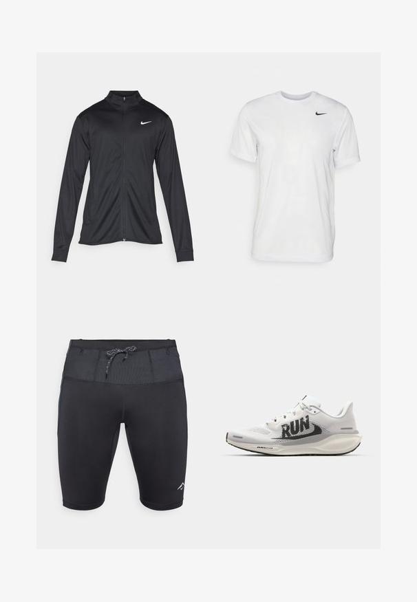 Črna atletska jakna z dolgimi rokavi, ovratnikom in polnim zadrgo. Vključuje diskreten bel Nike logotip na zgornjem levem delu prsnega koša. Gladka tekstura.; Bela kratka majica s kratkimi rokavi, izdelana iz gladkega materiala. Ima okroglo ovratnico in majhen črn Nike logotip na levi prsni strani.; Črne atletske kratke hlače s prilagojenim krojem, z teksturiranim pasom, nastavljivo vrvico in diskretnim logotipom na spodnjem delu noge.; Bela tekaška obutev z mrežastim zgornjim delom, velikim črnim napisom "RUN", svetlo sivo obrobo in oblazinjenim podplatom z blagovno znamko "AIR 200M".