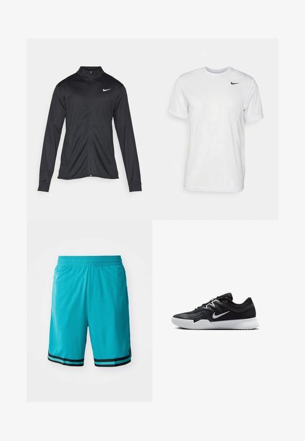 Fekete sportdzseki hosszú ujjal, gallérral és teljes cipzárral. Diszkrét fehér Nike logóval az upper bal mellen. Sima textúra.; Fehér, rövid ujjú póló, sima anyagból készült. Kerek nyakkivágással és egy kis fekete Nike logóval rendelkezik a bal mellen.; Törökzöld sportnadrág, könnyű anyagból készült, texturált felületű, rugalmas derékpánttal és fekete vízszintes csíkokkal az alján.; Fekete sportcipő texturált felsőrésszel, fehér Nike logóval és fehér gumitalppal. Fűzős kialakítással és dinamikus formával rendelkezik.