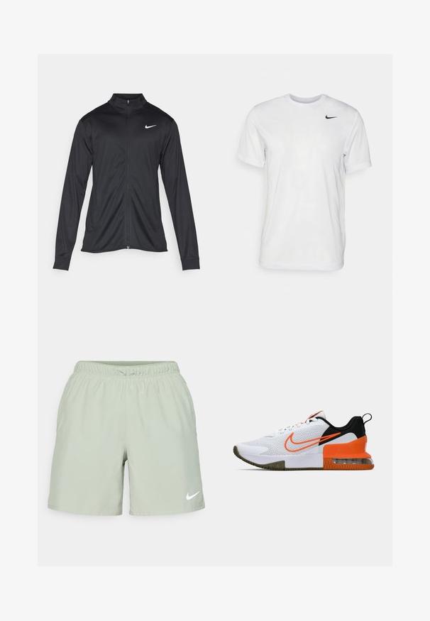 Svart idrottsjacka med långa ärmar, krage och full dragkedja. Har en diskret Nike-logga i vitt på övre vänstra bröstet. Slät yta.; Vit t-shirt med kort ärm i mjukt tyg. Har en rund hals och en liten svart Nike-logotyp på vänster bröst.; Nike Performance CHALLENGER SHORT - Träningsshorts - jade horizon/medium olive/black/reflective silver; Vit sportskor med en texturerad mesh-övre, svarta och orange accenter, en tjock gummisula och en klar luftkudde-del vid hälen.
