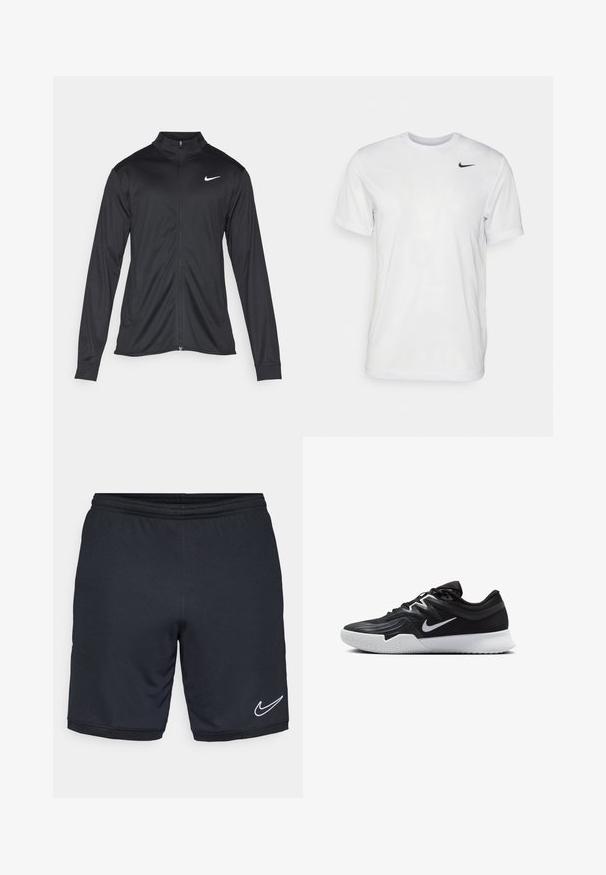Black athletic jacket with long sleeves, collar, and full zipper. Features a subtle Nike logo in white on the upper left chest. Smooth texture.; White short-sleeve t-shirt made of smooth fabric. Features a round neck and a small black Nike logo on the left chest.; Black athletic shorts featuring a smooth, lightweight fabric, elastic waistband, and a white Nike logo accent near the hem.; Black athletic shoe with a textured upper, white Nike swoosh, and a white rubber outsole. Features a lace-up design and dynamic shape.