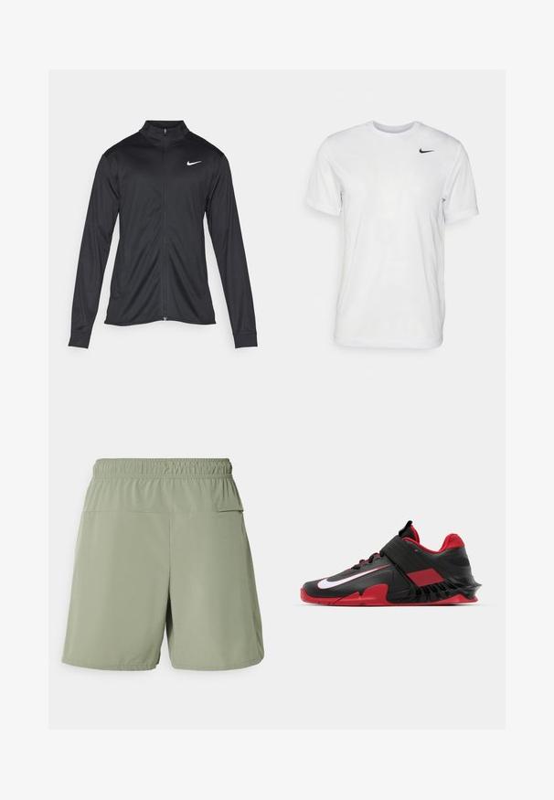 Jacket desportivo preto com mangas longas, colarinho e fecho zip completo. Apresenta um discreto logotipo da Nike em branco na parte superior do lado esquerdo do peito. Textura suave.; T-shirt branca de mangas curtas feita de tecido suave. Apresenta um decote redondo e um pequeno logótipo da Nike em preto no lado esquerdo do peito.; Nike Performance UNLIMITED - Calções desportivos - dark stucco; Ténis de atletismo em preto e vermelho com um design elegante, parte superior em malha texturizada, sola de borracha resistente e um destaque proeminente com o logótipo branco.