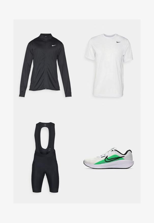 Juodas sportinis švarkas su ilgomis rankovėmis, apykakle ir pilnu užtrauktuku. Yra subtilus baltas Nike logotipas kairėje krūtinės pusėje. Lygus tekstūra.; Balta trumpa rankovėmis marškinėliai, pagaminti iš lygaus audinio. Turi apvalų kaklą ir mažą juodą Nike logotipą kairėje krūtinės pusėje.; Juodi dviratininkų šortai su iškirptu nugaros raštu, paminkštinta įdėkle ir tvirtas prigludimas. Pagaminti iš tampraus medžiagos, užtikrinančios komfortą ir lankstumą.; Balti sportiniai batai su žalia akcentu, juodu logotipu, tinklinė viršutinė dalis, paminkštintas padas ir suapvalintas kulnas. Yra raišteliai ir kontrastingos detalės.