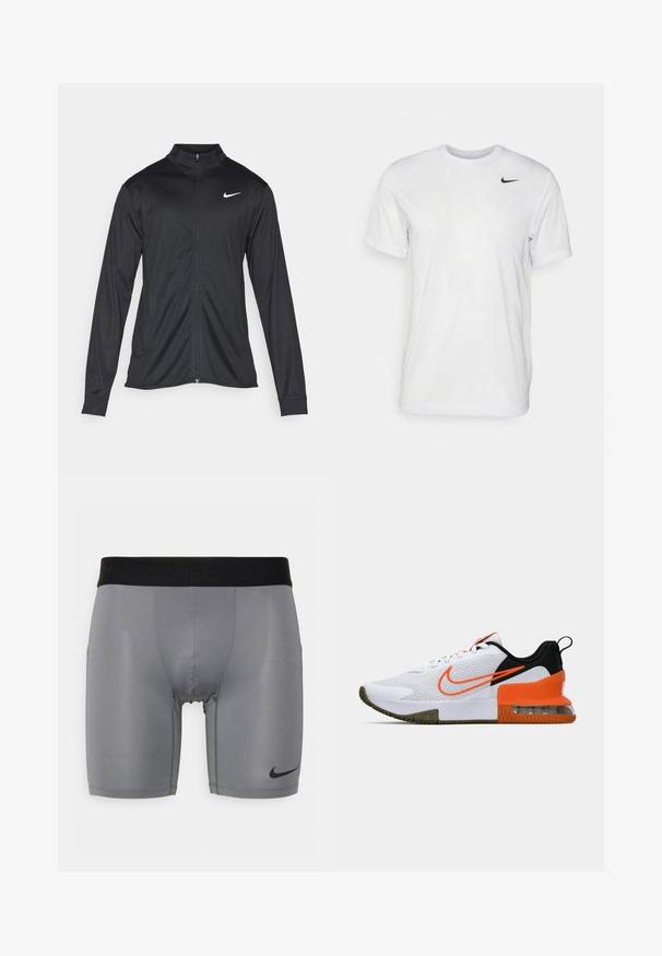 Črna atletska jakna z dolgimi rokavi, ovratnikom in polnim zadrgo. Vključuje diskreten bel Nike logotip na zgornjem levem delu prsnega koša. Gladka tekstura.; Bela kratka majica s kratkimi rokavi, izdelana iz gladkega materiala. Ima okroglo ovratnico in majhen črn Nike logotip na levi prsni strani.; Sive športne kratke hlače s črnim elastičnim pasom, gladke teksture in majhnim črnim logotipom na spodnji levi strani.; Bela športna čevlja z teksturirano mrežasto zgornjico, črnimi in oranžnimi poudarki, debelim gumijastim podplatom ter prozornim zračno blazino na peti.