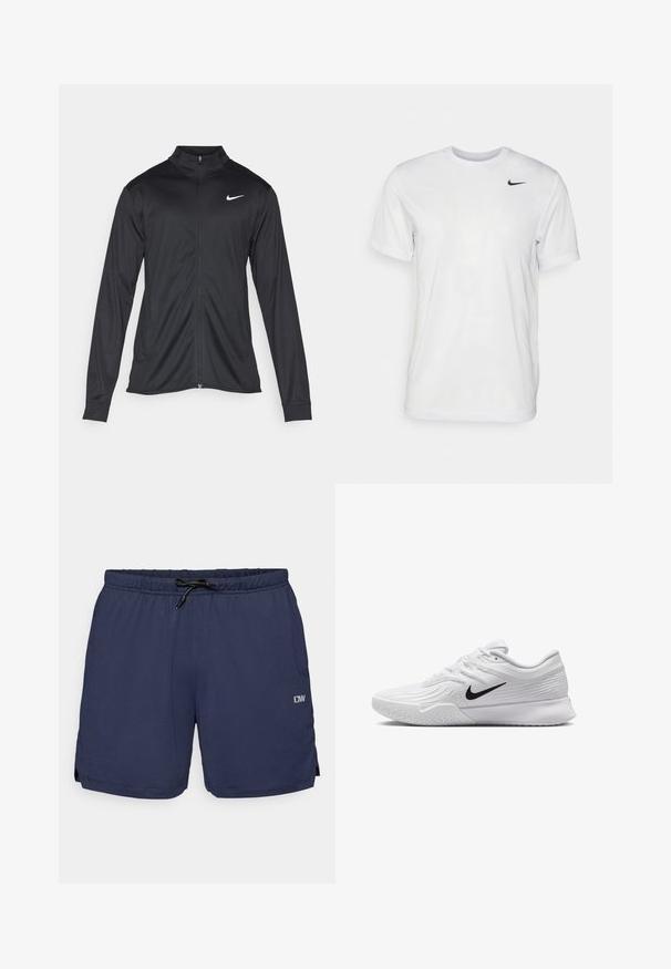 Musta urheilutakki pitkillä hihoilla, kauluksella ja kokonaisella vetoketjulla. Täydentää hienovarainen Nike-logo valkoisena vasemmassa ylärinnassa. Litteä pinta.; Valkoinen lyhythihainen t-paita, joka on valmistettu sileästä kankaasta. Ominaisuuksina pyöreä kaula-aukko ja pieni musta Nike-logo vasemmassa rinnassa.; Tummansinisen sävyiset uimaportsarit, joissa on teksturoitu kuvio, joustava vyötärö ja säädettävä nauha. Ominaisuuksiin kuuluu sivurei'itykset liikkuvuuden parantamiseksi sekä logo-yksityiskohta.; Valkoinen urheiluvaate, jossa on teksturoidusta verkkomateriaalista valmistettu yläosa, musta Nike-logomerkintä, pehmustettu nilkkakappale ja kumipohja, jossa on urasyntymä.