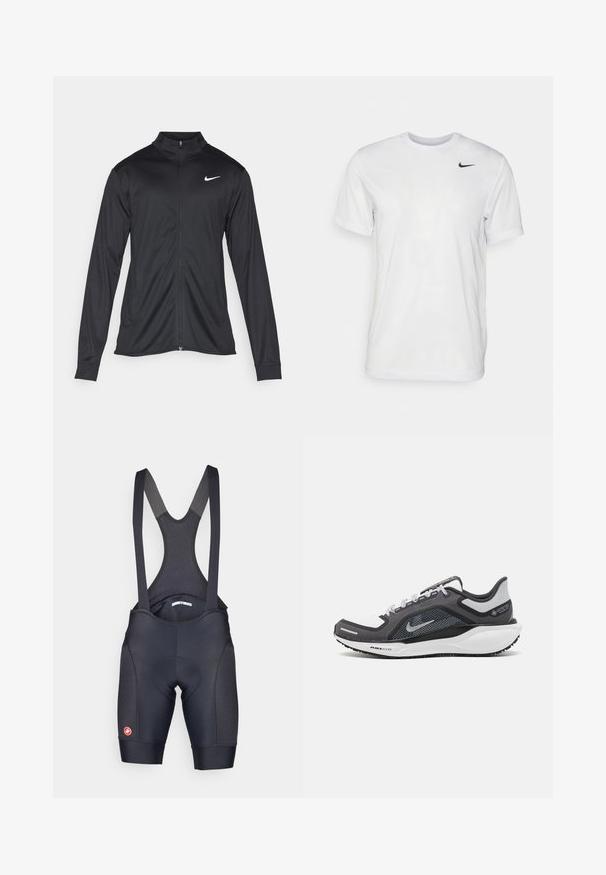Melna sporta jaka ar garām piedurknēm, apkakli un pilnu rāvējslēdzēju. Uz kreisā krūts augšdaļas ir maigs Nike logo baltā krāsā. Gluda tekstūra.; Balts īsām piedurknēm T-krekls, kas izgatavots no gludas auduma. Tam ir apaļa kakla izgriezums un neliels melns Nike logo kreisajā krūtī.; Melnas velosipēdu bikses ar sieta plecu siksnām, ar polsterētu sēdekli un teksturētām sānu paneļiem. Iespējas: logo apakšējā kājas daļā un pieguļošs dizains.; Melnas un pelēkas sporta kurpes ar tīklu augšdaļu, atstarojošiem akcentiem un baltu starpzoli. Aprīkotas ar teksturētu gumijas zoli un šņorēm.