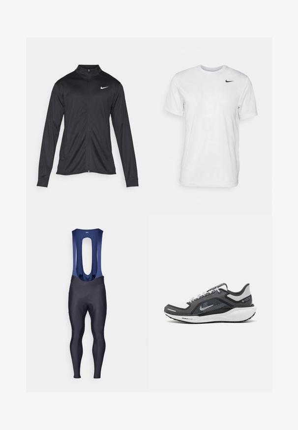 Svart idrettsjakke med lange ermer, krage og full glidelås. Har en subtil Nike-logo i hvitt på øvre venstre bryst. Glatt tekstur.; Hvit kortermet t-skjorte laget av glatt stoff. Har rund hals og en liten svart Nike-logo på venstre bryst.; Rapha MENS CORE WINTER WITH PAD - Tights - dark navy/navy; Svart og grå atletisk sko med mesh-overdel, refleksdetaljer og hvit mellomsåle. Har strukturert gummisåle og lisser.