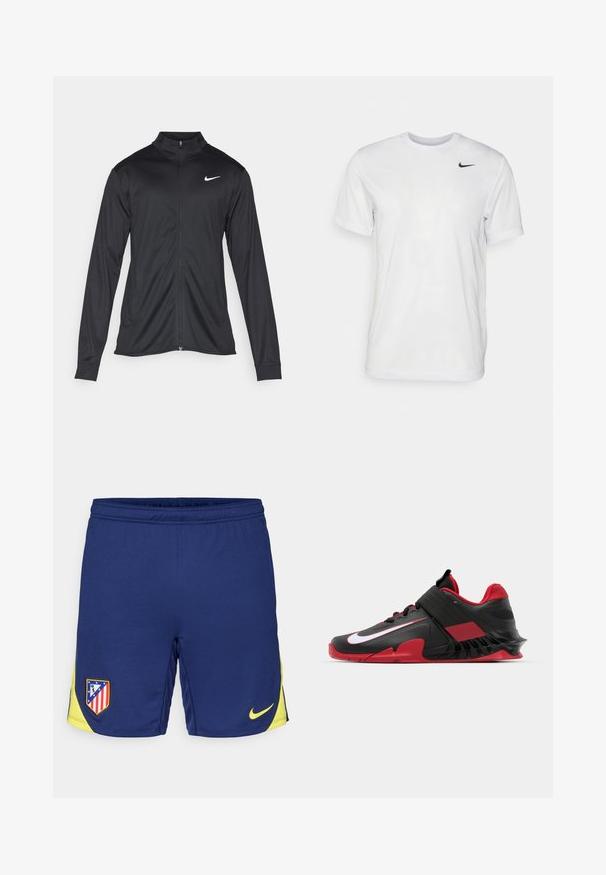Czarna sportowa kurtka z długimi rękawami, kołnierzem i pełnym zamkiem. Posiada subtelne logo Nike w białym kolorze na lewej górnej części klatki piersiowej. Gładka tekstura.; Biała koszulka z krótkim rękawem wykonana z gładkiego materiału. Posiada okrągły dekolt oraz małe czarne logo Nike po lewej stronie klatki piersiowej.; Granatowe spodenki sportowe z żółtymi akcentami, z naszywką z logo drużyny oraz małym znakiem Nike. Wykonane z oddychającego materiału.; Czarne i czerwone sportowe buty z eleganckim wzornictwem, teksturowana siateczka górna, solidna gumowa podeszwa oraz wyraźny biały akcent z logo.