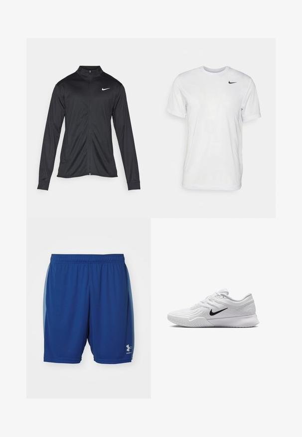 Must värvi sportlik jakk pikkade varrukatega, krae ja täispikk tõmblukk. Ülemises vasakus rinnas on diskreetne valge Nike logo. Sile tekstuur.; Valge lühikeste varrukatega t-särk, mis on valmistatud siledast kangast. Omab ümmargust kaelust ja väikest musta Nike logo vasakul rinnal.; Sinised spordilühikesed püksid on valmistatud kergest kangast, millel on elastne vöökoht ja väike logo paremas alumises jalas.; Valge spordijalats, millel on tekstuuriga mesh-ülemine osa, must Nike swoosh, pehmendatud krae ja kummist tald, millel on mustritrepp.