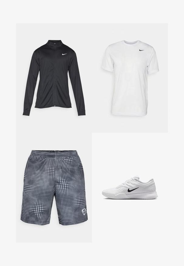 Juodas sportinis švarkas su ilgomis rankovėmis, apykakle ir pilnu užtrauktuku. Yra subtilus baltas Nike logotipas kairėje krūtinės pusėje. Lygus tekstūra.; Balta trumpa rankovėmis marškinėliai, pagaminti iš lygaus audinio. Turi apvalų kaklą ir mažą juodą Nike logotipą kairėje krūtinės pusėje.; Juodos maudymosi šortai su baltų apskritų taškų raštu, elastinga juosmens juosta ir logotipas apatinėje dešinėje pusėje. Lengvas audinys.; Baltas sportinis batas su tekstūruota tinkleliu, juodu Nike swoosh logotipu, paminkštintu apvadu ir guminėmis pado detalėmis su protektoriumi.