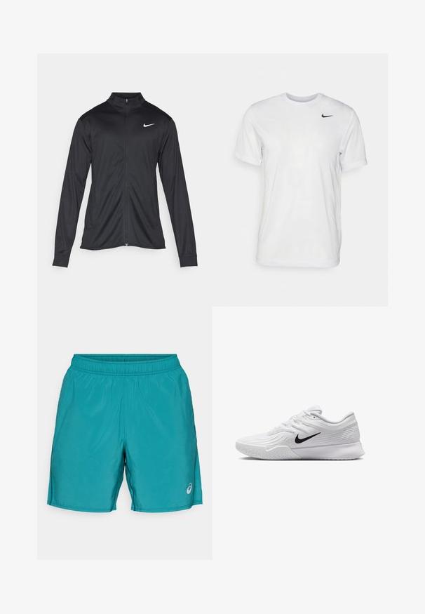 Must värvi sportlik jakk pikkade varrukatega, krae ja täispikk tõmblukk. Ülemises vasakus rinnas on diskreetne valge Nike logo. Sile tekstuur.; Valge lühikeste varrukatega t-särk, mis on valmistatud siledast kangast. Omab ümmargust kaelust ja väikest musta Nike logo vasakul rinnal.; Türkise sportlikud lühikesed püksid elastse vöökoha, küljeõmbluse taskute ja alumise parema jala peal peegeldava logoga. Sile, kerge kangas.; Valge spordijalats, millel on tekstuuriga mesh-ülemine osa, must Nike swoosh, pehmendatud krae ja kummist tald, millel on mustritrepp.