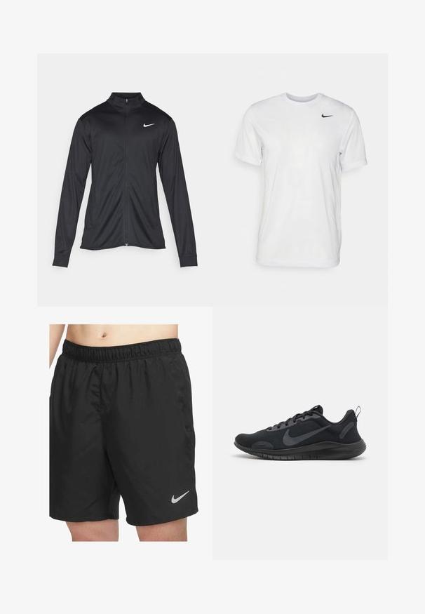 Čierna športová bunda s dlhými rukávmi, golierom a plným zipsom. Obsahuje nenápadné logo Nike v bielej farbe na hornej ľavej hrudi. Hladká textúra.; Biela krátka tričko s krátkymi rukávmi vyrobené z hladkej látky. Má okrúhly výstrih a malé čierne logo Nike na ľavej hrudi.; Čierne atletické šortky vyrobené z ľahkého materiálu, s elastickým pásom a malým šedým logom Nike v pravom dolnom rohu.; Čierne športové topánky s textúrovaným zvrškom, šnurovaním a hladkou podrážkou. Majú výrazné logo na strane a poutací pások na päte.