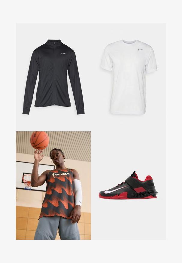Melna sporta jaka ar garām piedurknēm, apkakli un pilnu rāvējslēdzēju. Uz kreisā krūts augšdaļas ir maigs Nike logo baltā krāsā. Gluda tekstūra.; Balts īsām piedurknēm T-krekls, kas izgatavots no gludas auduma. Tam ir apaļa kakla izgriezums un neliels melns Nike logo kreisajā krūtī.; WNBA t-krekls oranžā un melnā krāsā ar viļņu rakstu. Apvienots ar pelēkiem šortiem un baltu roku piedurkni, turēdams basketbolu virsū.; Melnas un sarkanas sporta kedas ar elegantu dizainu, teksturētu sietu augšdaļu, izturīgu gumijas zoli un izteiksmīgu baltu logotipa akcentu.