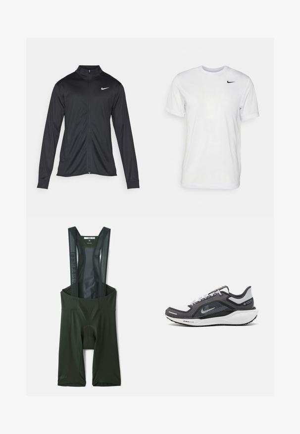 Svart idrottsjacka med långa ärmar, krage och full dragkedja. Har en diskret Nike-logga i vitt på övre vänstra bröstet. Slät yta.; Vit t-shirt med kort ärm i mjukt tyg. Har en rund hals och en liten svart Nike-logotyp på vänster bröst.; Mörkgröna cykelbyxor med hängslen av mesh, vadderad sits och reflexdetaljer. Slät, stretchig tyg för komfort.; Svart och grå atletisk sko med ovandel i mesh, reflexdetaljer och en vit mellansula. Har en strukturerad gummisula och skosnören.