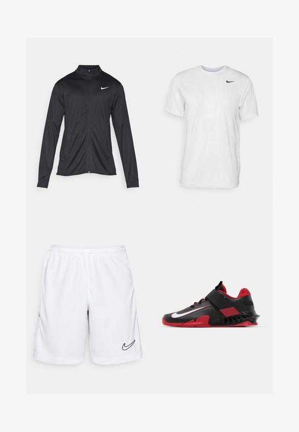 Črna atletska jakna z dolgimi rokavi, ovratnikom in polnim zadrgo. Vključuje diskreten bel Nike logotip na zgornjem levem delu prsnega koša. Gladka tekstura.; Bela kratka majica s kratkimi rokavi, izdelana iz gladkega materiala. Ima okroglo ovratnico in majhen črn Nike logotip na levi prsni strani.; Bele športne kratke hlače iz tkanine, ki odvaja vlago, z elastičnim pasom in črnim Nike logotipom na levi strani.; Črne in rdeče atletske teniske z elegantnim dizajnom, teksturiranim mrežastim zgornjim delom, trdnim gumijastim podplatom in izpostavljenim belim logotipom.