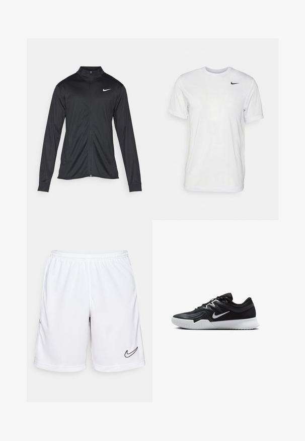 Black athletic jacket with long sleeves, collar, and full zipper. Features a subtle Nike logo in white on the upper left chest. Smooth texture.; White short-sleeve t-shirt made of smooth fabric. Features a round neck and a small black Nike logo on the left chest.; White athletic shorts made of moisture-wicking fabric, featuring an elastic waistband and black Nike logo on the left side.; Black athletic shoe with a textured upper, white Nike swoosh, and a white rubber outsole. Features a lace-up design and dynamic shape.