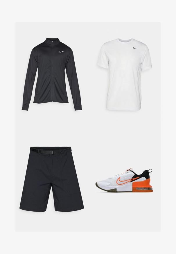 Veste de sport noire à manches longues, avec col et fermeture éclair intégrale. Présente un logo Nike subtil en blanc sur le côté supérieur gauche de la poitrine. Texture lisse.; T-shirt blanc à manches courtes en tissu lisse. Il présente un col rond et un petit logo Nike noir sur la poitrine gauche.; Shorts noirs en tissu léger, avec un devant plat, des poches latérales et une ceinture ajustable à la taille.; Baskets blanches avec un dessus en mesh texturé, des accents noirs et orange, une semelle en caoutchouc épais et une section de coussin d'air transparent au niveau du talon.