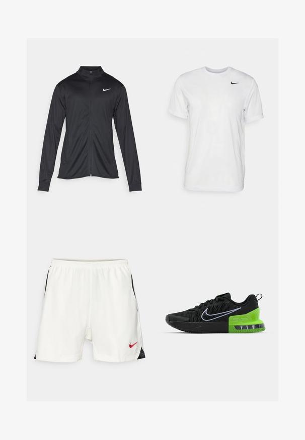 Must värvi sportlik jakk pikkade varrukatega, krae ja täispikk tõmblukk. Ülemises vasakus rinnas on diskreetne valge Nike logo. Sile tekstuur.; Valge lühikeste varrukatega t-särk, mis on valmistatud siledast kangast. Omab ümmargust kaelust ja väikest musta Nike logo vasakul rinnal.; Valged spordilühikesed püksid mustade külgmiste aktsentidega, elastse vöökoht ning punane Nike logo alumises ees. Sile, kergest materjalist.; Mustad mustreeritud must spordijalanõud, millel on võrkmaterjalist ülaosa, rohelise ja musta tallaga, mis sisaldab õhkpadja, ning valge Nike swooshi logo.