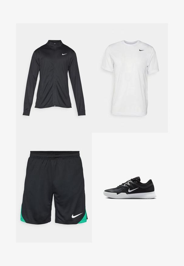 Čierna športová bunda s dlhými rukávmi, golierom a plným zipsom. Obsahuje nenápadné logo Nike v bielej farbe na hornej ľavej hrudi. Hladká textúra.; Biela krátka tričko s krátkymi rukávmi vyrobené z hladkej látky. Má okrúhly výstrih a malé čierne logo Nike na ľavej hrudi.; Nike Performance STRIKE SHORT - Športové šortky - black/stadium green/white; Čierna športová topánka s textúrovaným zvrškom, bielym logom Nike a bielou gumovou podrážkou. Má šnurovací dizajn a dynamický tvar.