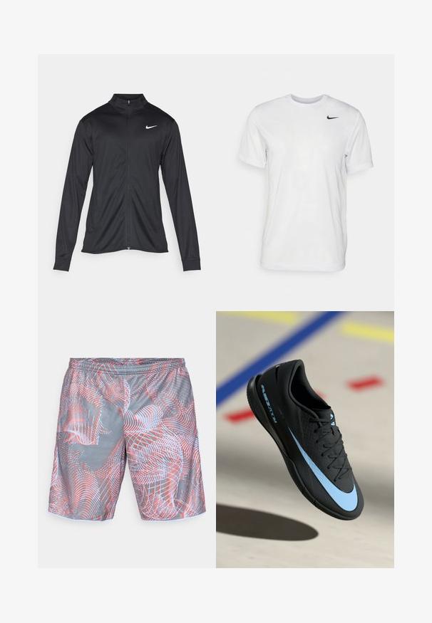 Black athletic jacket with long sleeves, collar, and full zipper. Features a subtle Nike logo in white on the upper left chest. Smooth texture.; White short-sleeve t-shirt made of smooth fabric. Features a round neck and a small black Nike logo on the left chest.; Gray athletic shorts with an elastic waistband featuring an abstract pattern of red and light blue curved lines and dots.; Black athletic shoe with blue accents, textured surface, lace-up design, and distinctive Nike logo. Rubber sole with grip patterns.