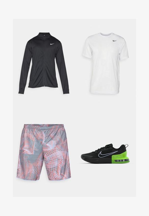 Melna sporta jaka ar garām piedurknēm, apkakli un pilnu rāvējslēdzēju. Uz kreisā krūts augšdaļas ir maigs Nike logo baltā krāsā. Gluda tekstūra.; Balts īsām piedurknēm T-krekls, kas izgatavots no gludas auduma. Tam ir apaļa kakla izgriezums un neliels melns Nike logo kreisajā krūtī.; Pelēki sporta šorti ar elastīgu jostasvietu, uz kuriem ir abstrakta raksta dizains ar sarkanām un gaiši ziliem izliektiem līnijām un punktiņiem.; Melna sporta apava ar sieta augšdaļu, kurai ir zaļa un melna zole ar gaisa amortizāciju, un balts Nike swoosh logo.