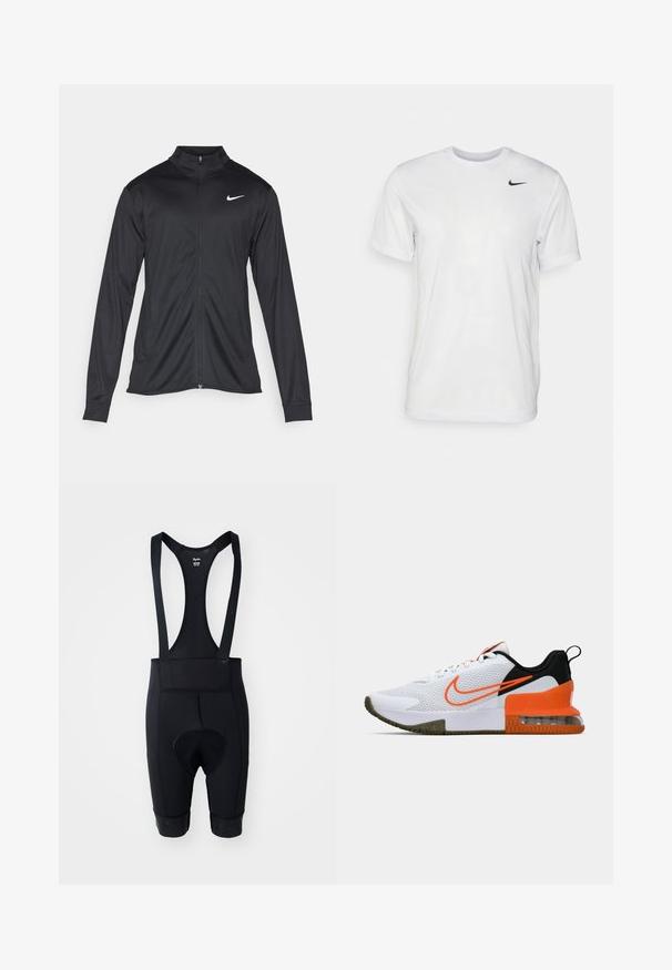 Fekete sportdzseki hosszú ujjal, gallérral és teljes cipzárral. Diszkrét fehér Nike logóval az upper bal mellen. Sima textúra.; Fehér, rövid ujjú póló, sima anyagból készült. Kerek nyakkivágással és egy kis fekete Nike logóval rendelkezik a bal mellen.; Fekete kerékpáros bib sort pántokkal, párnázott chamois betéttel, sima textúrával és szilikon csúszkázókkal ellátott rugalmas lábszárakkal.; Fehér sportcipő, texturált hálós felsőrésszel, fekete és narancssárga részletekkel, vastag gumitalppal és átlátszó levegőpárnával a sarkán.