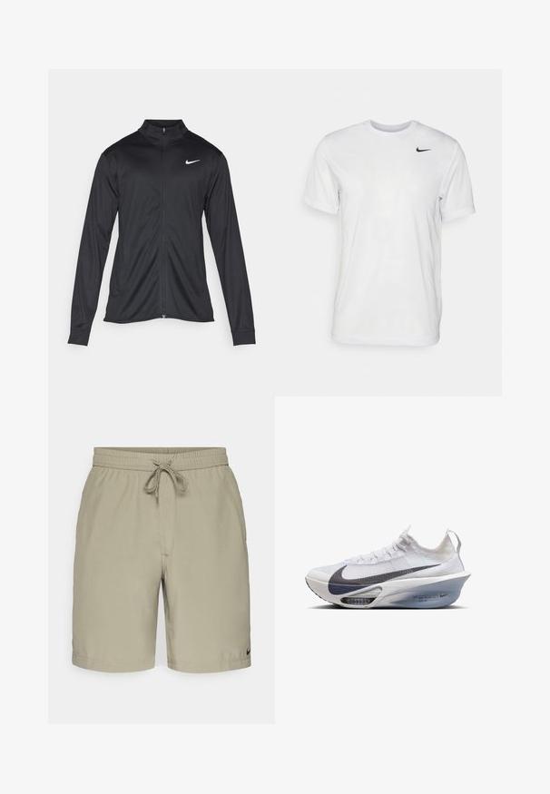 Black athletic jacket with long sleeves, collar, and full zipper. Features a subtle Nike logo in white on the upper left chest. Smooth texture.; White short-sleeve t-shirt made of smooth fabric. Features a round neck and a small black Nike logo on the left chest.; Beige shorts with an elastic waistband and drawstring. Smooth fabric, classic fit, featuring side pockets and a small logo on the bottom hem.; Nike running shoe in white textile with a grey swoosh, a streamlined shape, a transparent midsole, and visible air cushioning.