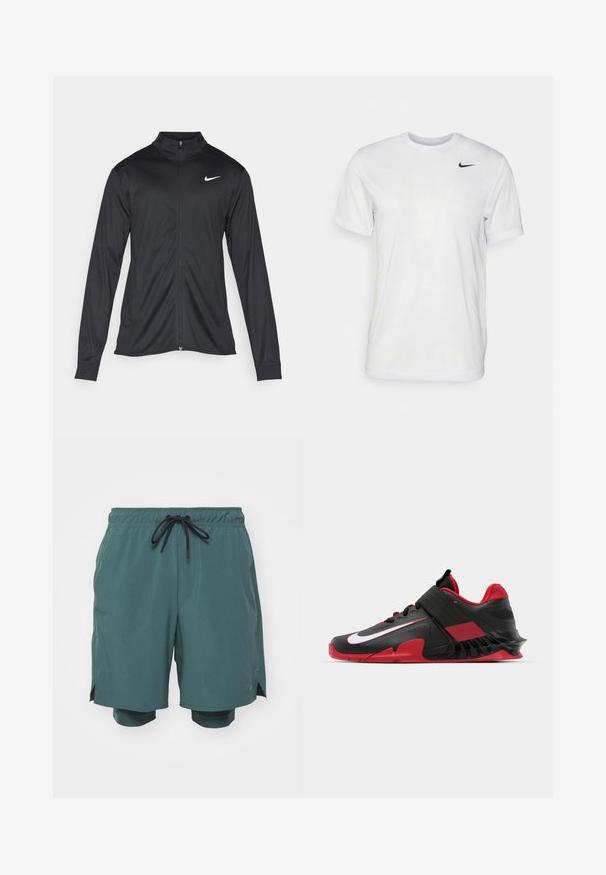 Juodas sportinis švarkas su ilgomis rankovėmis, apykakle ir pilnu užtrauktuku. Yra subtilus baltas Nike logotipas kairėje krūtinės pusėje. Lygus tekstūra.; Balta trumpa rankovėmis marškinėliai, pagaminti iš lygaus audinio. Turi apvalų kaklą ir mažą juodą Nike logotipą kairėje krūtinės pusėje.; Nike Performance UNLIMITED - Sportiniai šortai - vintage green/fir/black; Juodos ir raudonos sportinės kedai su elegantišku dizainu, tekstūruotu tinklo viršumi, tvirtu guminiais padu ir ryškiu baltu logotipo akcentu.