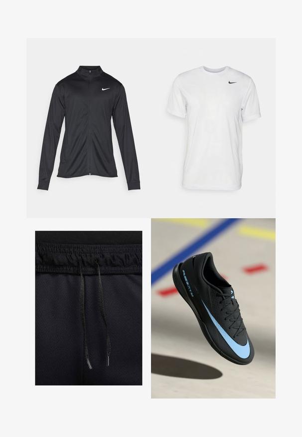 Black athletic jacket with long sleeves, collar, and full zipper. Features a subtle Nike logo in white on the upper left chest. Smooth texture.; White short-sleeve t-shirt made of smooth fabric. Features a round neck and a small black Nike logo on the left chest.; Black athletic shorts with a textured fabric, elastic waist, and drawstring. Details include black drawcord with metal aglets.; Black athletic shoe with blue accents, textured surface, lace-up design, and distinctive Nike logo. Rubber sole with grip patterns.