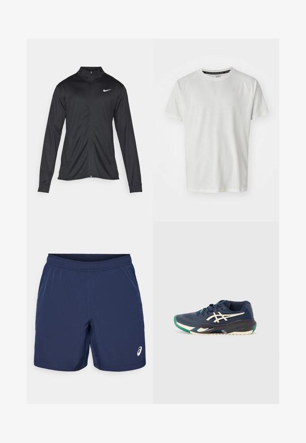 Čierna športová bunda s dlhými rukávmi, golierom a plným zipsom. Obsahuje nenápadné logo Nike v bielej farbe na hornej ľavej hrudi. Hladká textúra.; ASICS GAME - Základné tričko - cream; Námořnické modré športové šortky s elastickým pásom, hladkým syntetickým materiálom a bielym logom na dolnej ľavej strane.; Námornícke atletické topánky s sieťovaným zvrškom, bielym logom, zeleným akcentom na špičke a viacfarebnou podrážkou. Aerodynamický dizajn s textúrovaným povrchom.