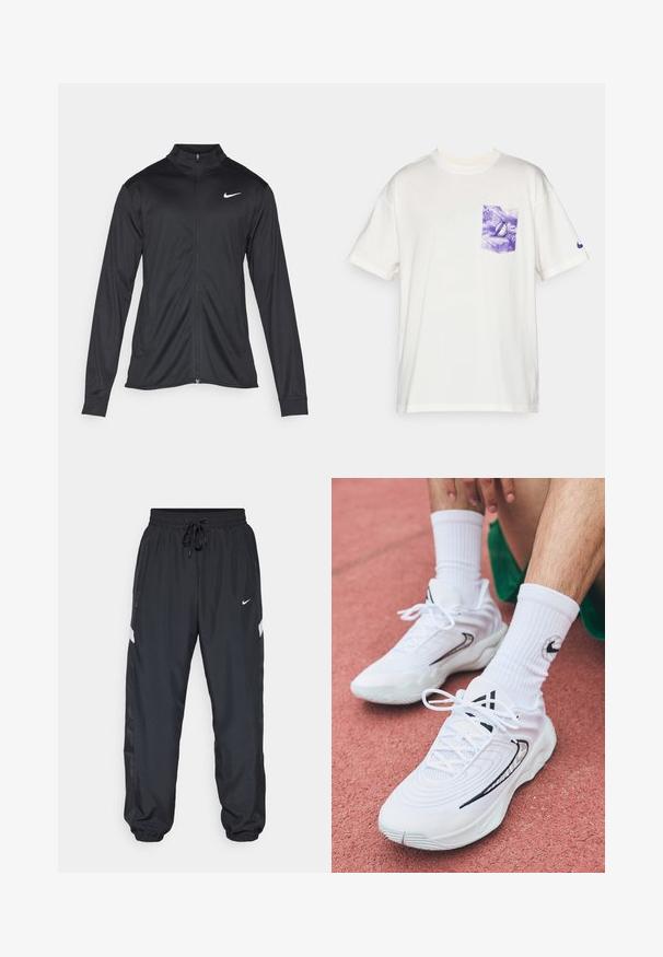 Jacket desportivo preto com mangas longas, colarinho e fecho zip completo. Apresenta um discreto logotipo da Nike em branco na parte superior do lado esquerdo do peito. Textura suave.; T-shirt branca de algodão com mangas curtas, apresentando um bolso no peito em tie-dye roxo e um pequeno logótipo roxo na manga.; Calças de atletismo pretas com cintura elástica, cordão ajustável, bolsos laterais e detalhes de risca branca contrastante ao longo dos lados.; Tênis atléticos brancos com um design texturizado, apresentando detalhes e atacadores pretos. Usados com meias brancas caneladas sobre uma superfície vermelha.