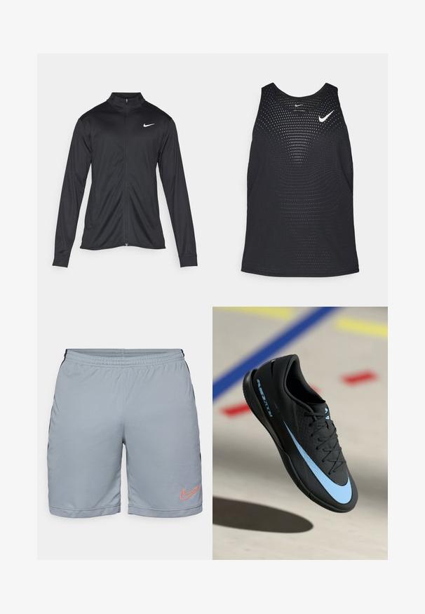 Svart idrettsjakke med lange ermer, krage og full glidelås. Har en subtil Nike-logo i hvitt på øvre venstre bryst. Glatt tekstur.; Sort svart treningssinglet med perforert tekstur og rund hals. Har en hvit Nike-logo på brystet.; Lys grå treningsshorts med svarte sidepaneler, elastisk midje og teksturert mesh-bunn. Har en oransje Nike-logo på venstre ben.; Svart treningstøvel med blå detaljer, teksturert overflate, snøring og særegen Nike-logo. Gummisåle med grep mønstre.