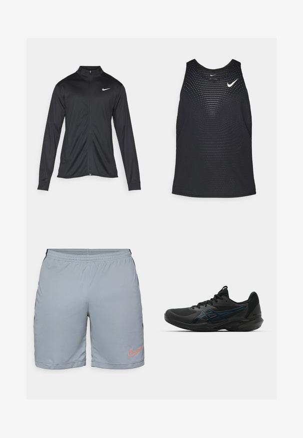 Must värvi sportlik jakk pikkade varrukatega, krae ja täispikk tõmblukk. Ülemises vasakus rinnas on diskreetne valge Nike logo. Sile tekstuur.; Mustmustreening mustrippide tekstuuri ja ümmargune kaelus. Rinnal valge Nike logo.; Heledad hallide hallide spordilühikesed, mustade külgpaneelidega, elastse vöökoha ja tekstuurse võrkmise ääriga. Vasakul jalal on oranž Nike logo.; ASICS SOLUTION SPEED FF 3 CLAY - Savikattega väljaku tennisejalatsid - black/prism blue
