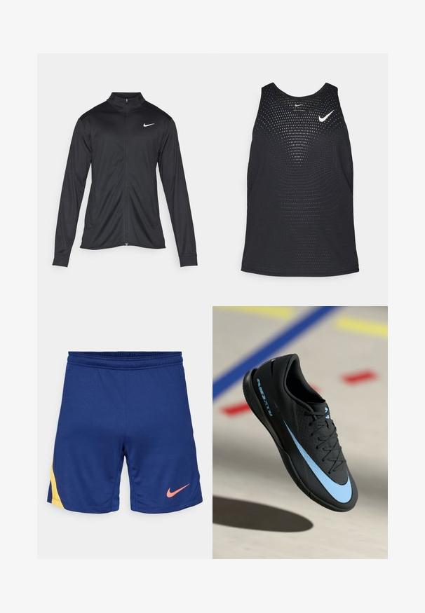 Melna sporta jaka ar garām piedurknēm, apkakli un pilnu rāvējslēdzēju. Uz kreisā krūts augšdaļas ir maigs Nike logo baltā krāsā. Gluda tekstūra.; Melnā sporta bezsleeve tops ar perfojumu un apaļu dekoltē. Uz krūtīm ir balts Nike logos.; Jūras spēku zila sporta šorti ar dzelteniem sānu akcentiem un rozā Nike zvīņas logotipu labajā kājā, ar elastīgu jostu.; Melnas sporta apavas ar ziliem akcentiem, teksturēta virsma, auklu dizains un izteiksmīga Nike logo. Gumijas zole ar saķeres rakstiem.