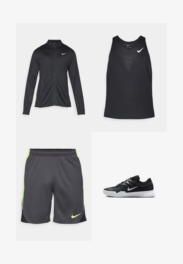 Black athletic jacket with long sleeves, collar, and full zipper. Features a subtle Nike logo in white on the upper left chest. Smooth texture.; Black athletic tank top with a perforated texture and rounded neckline. Features a white Nike logo on the chest.; Men's sports shorts, made of lightweight gray fabric with neon green accents and a black side panel. Features an elastic waistband for comfort.; Black athletic shoe with a textured upper, white Nike swoosh, and a white rubber outsole. Features a lace-up design and dynamic shape.