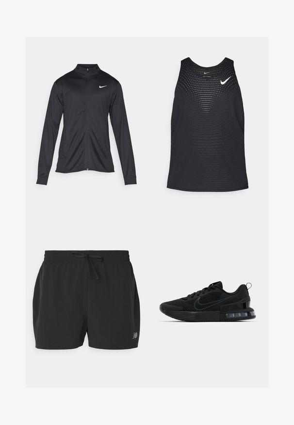 Jacket desportivo preto com mangas longas, colarinho e fecho zip completo. Apresenta um discreto logotipo da Nike em branco na parte superior do lado esquerdo do peito. Textura suave.; Camisola de desporto preta sem mangas com uma textura perfurada e decote redondo. Apresenta um logótipo branco da Nike no peito.; Calções atléticos pretos feitos de tecido leve, com um cós elástico e cordão, e um logótipo discreto no canto inferior esquerdo.; Tênis esportivo Nike preto com parte superior em malha, sola de borracha, colarinho acolchoado e um distinto detalhe transparente no calcanhar.